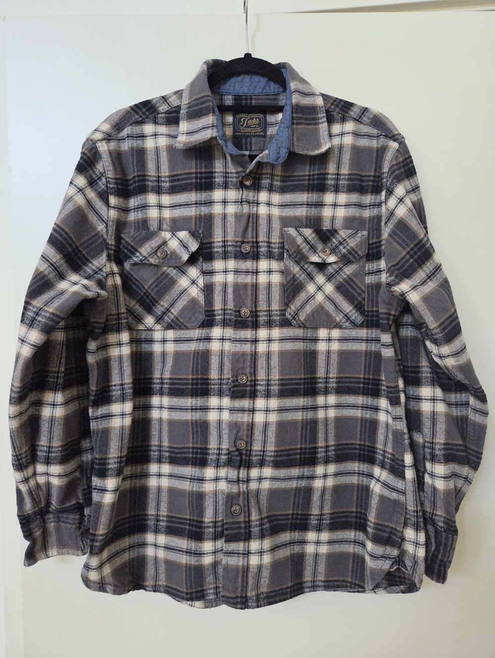 Jachs NY Heritage Flannel Shirt Mens Large Grey Bkack Plaid Thick Button Up